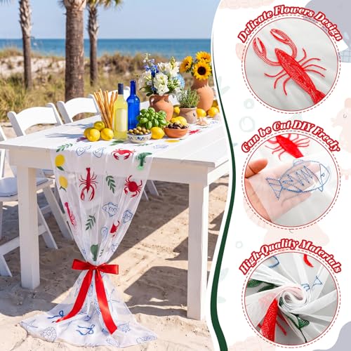 Mindsoft 3 Pcs Italian Summer Table Runner, 10ft Tablecloth Crab Party Decorations Gauze Embroidery Tulle Lace Runner for Table Wedding Birthday Bridal Baby Shower Dining Decor DIY - style: Italian Summer