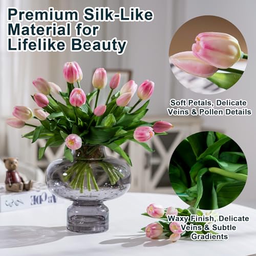 Bailikang 20PCS Fake Tulips Artificial Tulip Silk Flowers Fake PU Bouquet Artificial Flowers Faux Flowers with Gift Box Soft Faux Tulips Bouquets Arrangements for Party Wedding Home - color: Pink+light Pink