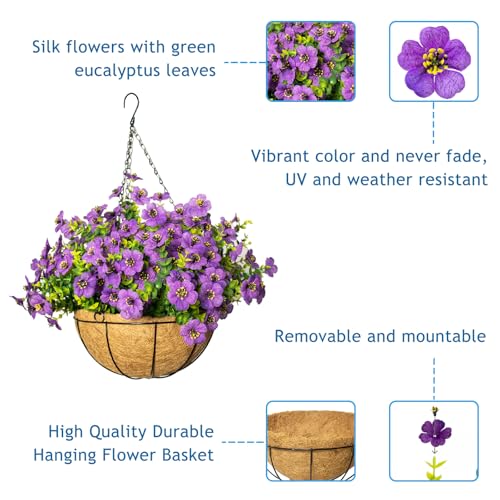 Artificial Hanging Flowers for Outdoors with Basket,UV Resistant Realistic Faux Hanging Plants Outdoor Artificial Flowers for Outdoors Basket for Yard Porch Patio Garden Home Decor,12 Bundles(Purple) - color: Purple