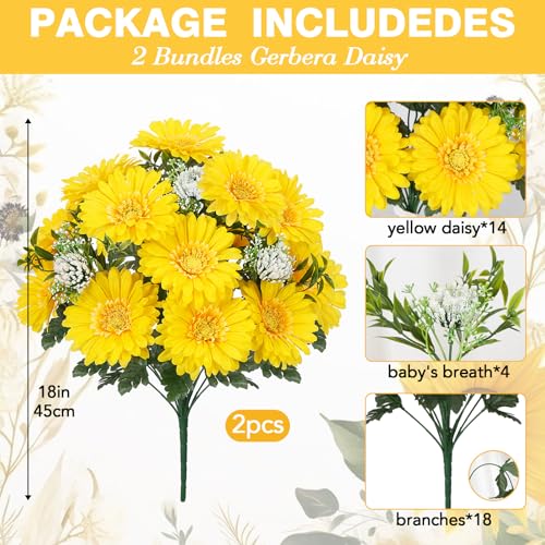 2PCS 18" Artificial Yellow Gerbera Daisy Bouquet, Farmhouse Decor | Table Centerpiece Decor, for indoor outdoor, silk flower, fake flowers, faux flowers, for vase, vase filler - color: Yellow-2pcs