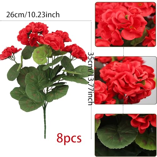 CITYES 8 Pcs Artificial Geraniums Flowers Red Silk Geraniums for Outdoors UV Resistant Fake Geranium Bush Faux Flowers Plants for Planter Garden Home Decor Indoor Patio Vase Table Centerpiece - color: Red