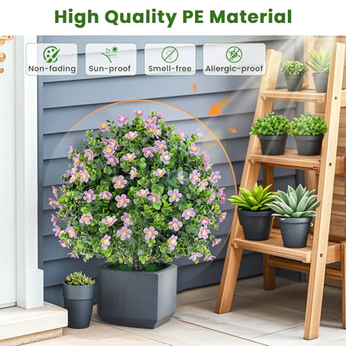 Goplus 21.5'' Artificial Boxwood Topiary Ball Tree, Set of 2 Faux Potted Plants Artificial Shrubs Bushes with Flowers, Fake Evergreen Artificial Topiary for Indoor Outdoor Home Front Porch Decor - color: Purple