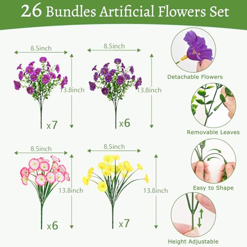 Artificial Flowers for Outdoors, 26 Bundles Fake Outdoor Flowers, UV Resistant Artificial Outdoor Plants & Flowers for Decoration, Colorful Morning Glory for Garden Porch Yard Patio, Mixed Color B - color: Purple, Fuchsia, Pink & Yellow, size: 26 Bundles