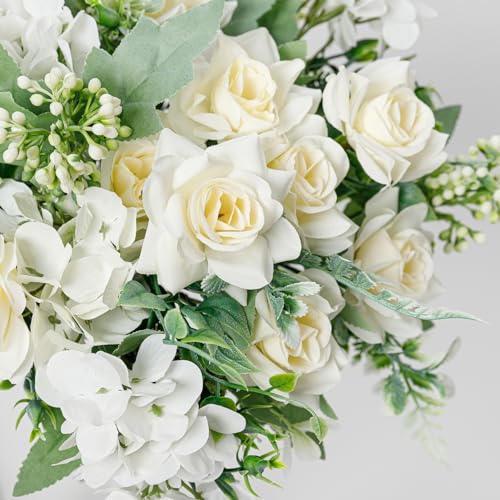 Artificial Flower 4 Packs 5 Branches Silk Fake Flowers Bouquet Small Roses for Wedding Home Office Tables Decor (White) - color: White-1