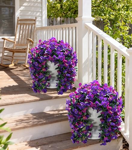 Faux Bougainvillea Artificial Flowers Plants for Outdoors Outside Decor, 2pcs Fake Flowers Silk Long Trailing Vines UV Resistant Realistic Faux Flowers for Front Door Porch Planter Balcony Yard, Mix - color: Dark Purple + Fuchsia
