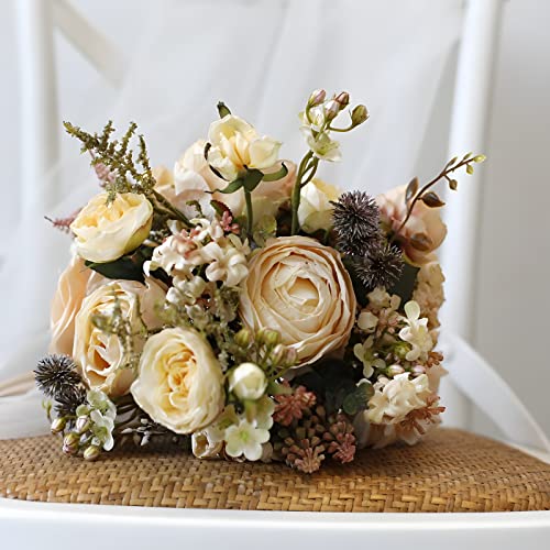 Artificial Wedding Bouquet for Brides Bridesmaid Holding Flower with Greenery Artificial Fabric Rose Wedding Flower Bridal Toss (Champagne) - color: Champagne