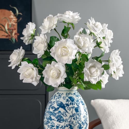 Artificial Flowers Artificial Roses Fake Roses 23.2In Long Stem Artificial Flowers for Tall Vase Silk Rose 20PCS Suitable for Wedding Party Decor Valentine's Day DIY Bouquet Spring,White - color: White