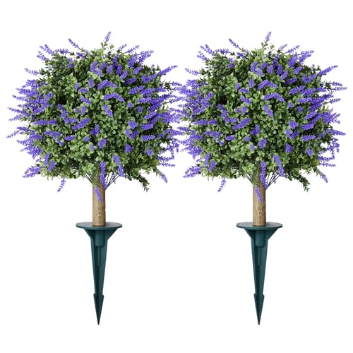 VeriNatural 2 Pack Artificial Lavender Topiary Ball Trees – 30.2in UV Resistant Fake Boxwood Shrubs with Realistic Flowers | Outdoor Indoor Faux Bushes for Porch, Patio & Garden Decor - size: 30.2in
