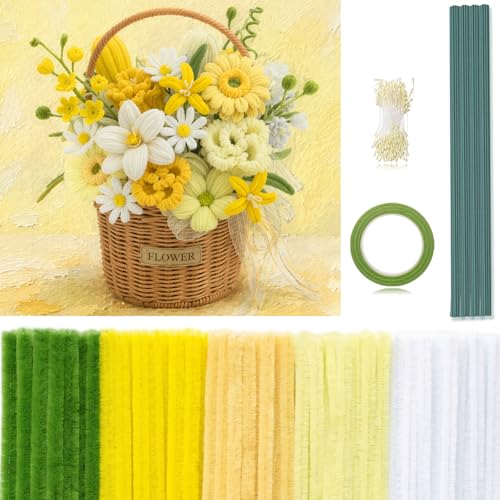 Peryiter 371 Pcs Pipe Cleaners Flowers Kit, Pipe Cleaners Chenille Stems Bulk with Floral Wire Gardening Tape Stamen, Fluffy Limpiapipas para Flores for DIY Mother's Day Decor(Light Yellow) - color: Light Yellow