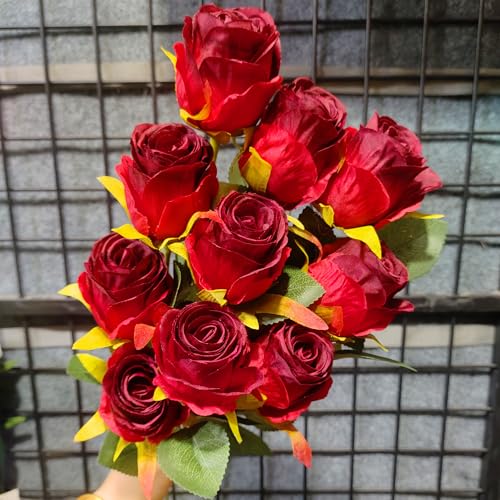 Artificial Roses 10 Pcs - Lifelike Single Stem Fake Roses with Natural Petal Texture,Fade-Resistant Silk Flowers for Wedding Decor,Home Vase Arrangements,Party Centerpieces(10, Red) - color: Red