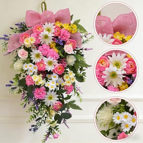 Idyllic 22 Inch Spring Floral Weeping Door Swag with Pink Bow for Front Door Porch Welcome and Home Entryway Decoration - size: 23 Inch