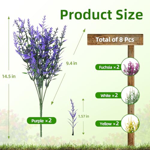 CLEANGOR 8 Pcs Artificial Lavender Flowers for Outdoors (4 Color) | UV Resistant Artificial Outdoor Plants, for Spring Summer Garden, Porch, Patio, Window Box, Home Decoration