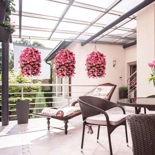 INQCMY Artificial Hanging Flowers Basket for Outdoors Spring Summer Decoration,Faux Silk Begonia in Planter Look Real UV Resistant for Outside Home Porch Patio Garden Balcony Yard Decor（Deep Pink） - color: Deep Pink