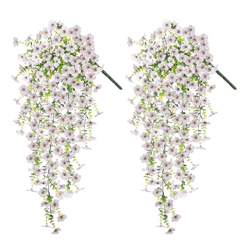 Ammyoo Artificial Hanging Flowers for Outdoors Faux Plants Decoration, 2 Packs Fake Silk Daisy Flower Realistic Outdoor Flowers UV Resistant Porch Patio Window Yard Outside Decor(White) - color: White