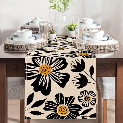 Vintage Flowers Dining Table Runner, Black White Retro Floral Burlap Kitchen Decoration, Spring Summer Rustic Indoor Outdoor Home Decor Party Supply 13 x 72 Inches - color: Vintage Flowers, size: Table Runner 13''X72''
