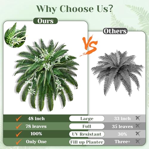 Livole 2 Pcs 48" Fake Ferns, Artificial Ferns for Outdoors Large Faux Boston Fern with 78 Branches Realistic UV Resistant for Planter Indoor Home Garden Porch Hanging Decor - size: 48"-78 Branches-2 Pcs