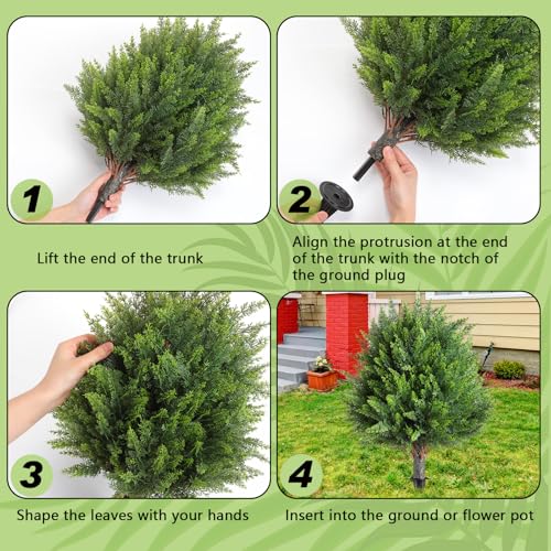 Canlierr 4 Pcs 21 Inch Artificial Cedar Topiary Ball Trees with Ground Spike, Cypress Plants UV Resistant Shrubs Fake Bushes for Outdoor Indoor Front Porch Garden Decor