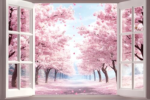 AMAZING WALL Cherry Blossom Pathway Peel and Stick 3D Fake Window Stickers,Removable Tree Wall Decals Murals for Home Decor,16x24in/1PCS - color: Cherry Blossom Pathway, size: 16x24"/1pcs
