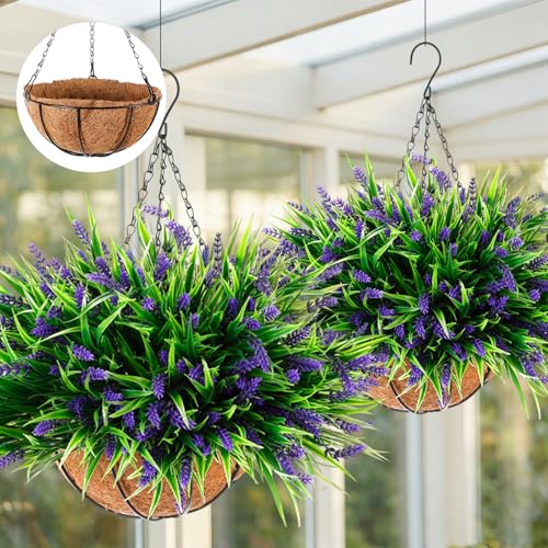 Hotop 2 Pack Outdoor Artificial Lavender Hanging Plants with Basket 16 Bundles UV Resistant Lavender in Coconut Liner Pot Spring Flowers Decor for Porch Patio Home Garden Decor(Purple) - color: Purple
