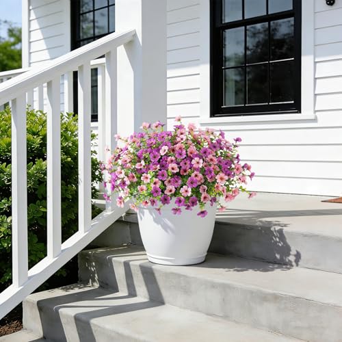 Ammyoo Artificial Fake Plants Flowers for Outdoor Spring Decor, 12 Bundles Faux Silk Mums for Planter Pot Colorful UV Resistant Look Real for Front Door Porch Patio Outside Yard(Purple Pink) - color: Purple Pink