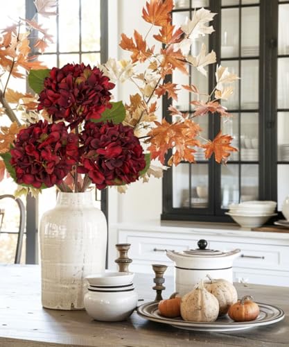 Hollyone 3Pcs Dark Red Hydrangea Artificial Flowers Faux Dried Touch Hydrangeas Silk Flowers with Stems Fake Fall Florals Flower for Home Wedding Table Centerpiece Vase Arrangements Fall Decorations - color: Red - Dried Hydrangea