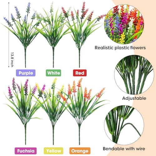 Ouddy Decor 24 Bundles Artificial Flowers for Outdoors, Fake Lavender Flowers Monkey Grass Faux Plastic Plants Shrubs UV Resistant for Porch Garden Window Box Office Home Decorations, Mixed - color: Multi Color