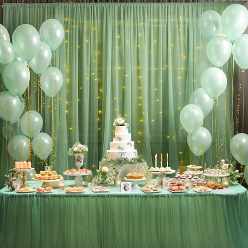 10ft x 8ft Green Backdrop Curtain with Lights String for Parties, Sheer Tulle Wedding Photo Backdrops Drapes for Baby Shower Birthday Party Decorations Background for Photography - color: Green, size: W5' x H8'(2 panels)