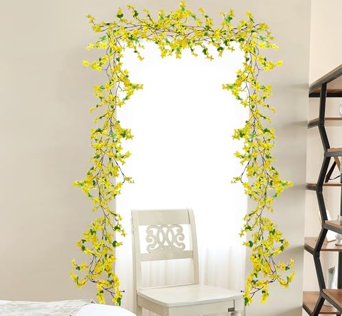 4PCS 23.6ft Forsythia Garland Artificial Flowers Vine Spring Yellow Silk Flower Garland Artificial Jasmine Vines Fake Flower Vine Hanging Ivy for Home Indoor Outdoor Wall Wedding Arch - color: Yellow-4