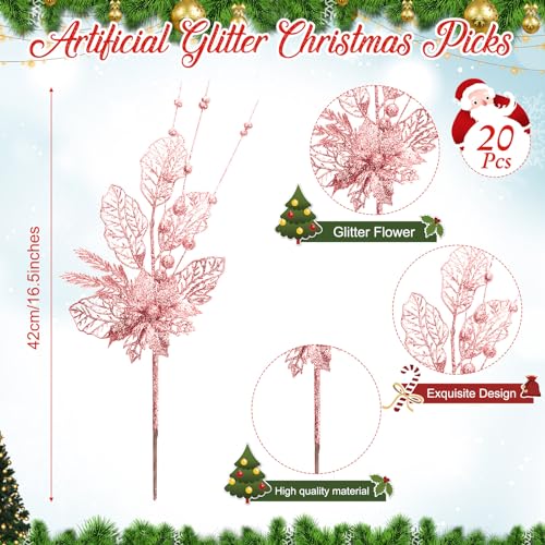 Tigeen 20 Pcs 16.5 Inch Rose Gold Artificial Glitters Christmas Picks Decoration Sprays with Flowers Berry Leaves or Xmas Decor Wreaths Wreath Vase Fillers - color: Rose Gold