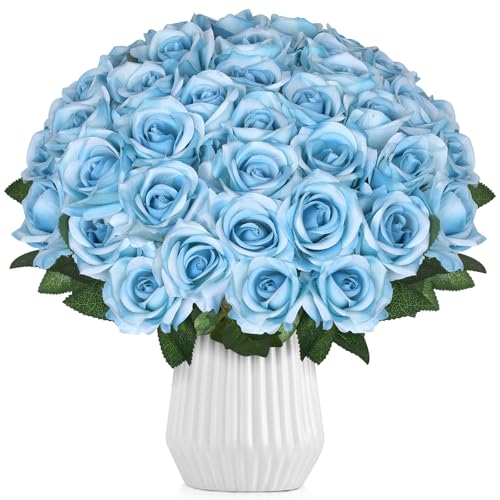 30pcs Sky Blue Artificial Roses with Long Stems Realistic Bouquet Blue Fake Silk Rose Artificial Flowers Bulk for Bridal Wedding Bouquet Centerpiece Ball Arrangement Party Decor - color: Sky Blue