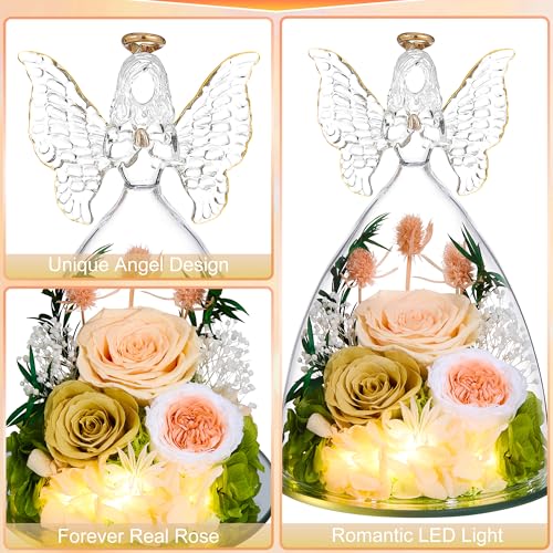 Mothers Day Rose Gifts for Women Preserved Real Flower in Glass Angel Figurines Roses for Delivery Prime Birthday Gifts for Mom Grandma Girlfriend Wife Her, ChampagneGold Austin - color: Champagnegold Austin