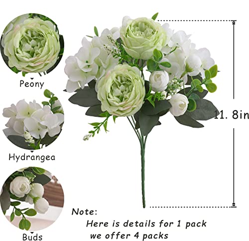 4 Bunches Green Peony Artificial Flowers for Decoration Faux Rose Fake Bouquet Silk Arrangements Table Centerpiece for Vase Cake Topper Bridal Baby Shower - color: Green & White