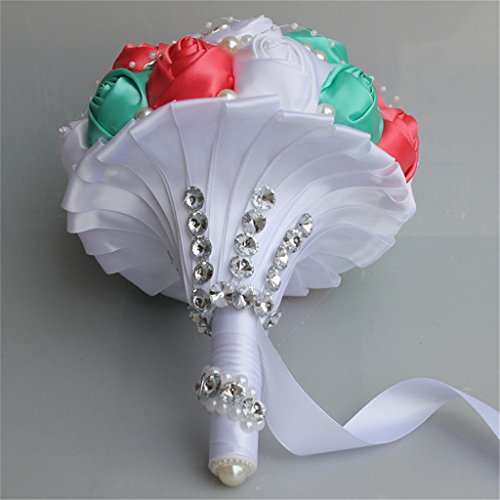 S_SSOY Wedding Bouquet Bride Bridal Brooch Bouquets Bridesmaid Bouquet Diamond Pearl Ribbon Valentine's Day Confession Party Church with Free Corsage Flower, Pink+Green+White - color: Pink+green+white