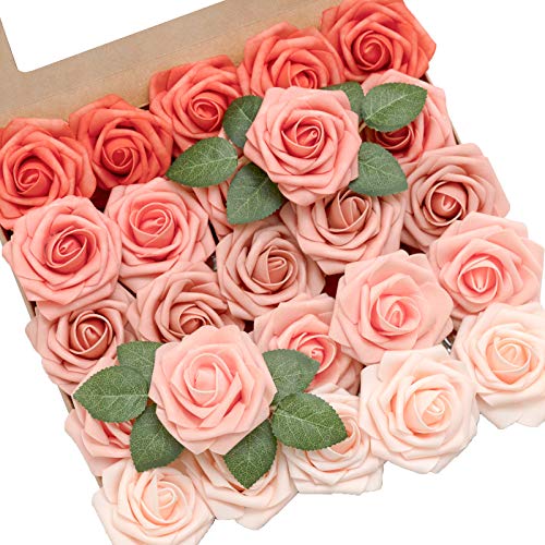 Ling's moment Artificial Flowers, 25Pcs 3" Roses in Coral Shades, Realistic DIY Foam Floral Decor for Wedding Bouquets/Centerpieces, Outdoor Party Backdrops, Room/Table, and Garden/Pot Decorations - color: Shades of Coral, size: 25Pcs