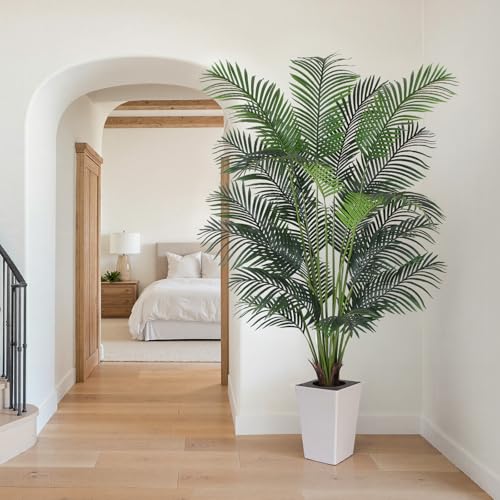 Artificial Palm Tree with White Tall Planter, 7ft Tall Potted Artificial Silk Palm Tree Plant, Fake Tropical Plant, Home Office Floor Room Decor Plants Indoor Outdoor, Housewarming Gift - size: 7ft