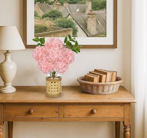 Hollyone Pink Hydrangea Artificial Flowers in Woven Glass Vase with Faux Water Silk Hydrangeas Fake Flowers Floral Arrangement for Home Indoor Bathroom Kitchen Office Table Centerpiece Shelf Decor - color: Pink-woven Vase