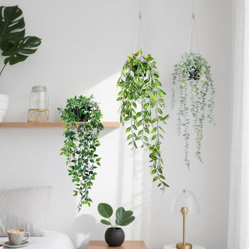 Fake Hanging Plants, 3pcs Artificial Small Potted Plants Fake Potted Greenery Faux Eucalyptus Mandala Vine Pea Pod for Home Indoor Outdoor Wall Garden Wedding Decoration - color: Dutch Bean+mandala+eucalyptus