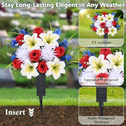 MARTINE MALL 2 Sets Artificial Cemetery Flowers for Grave, Artificial Grave Flowers Memorial Day Flowers for Cemetery Red White Blue Rose Lily Flowers with Vase for Cemetery Grave Decoration