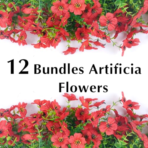 Artificial Flowers for Outdoors, 12 Bundles Outdoor Faux Plants,Uv Resistant Artificial Fake Flowers Plants, Realistic Spring Decor for Porch, Patio, Yard (Red) - color: Red