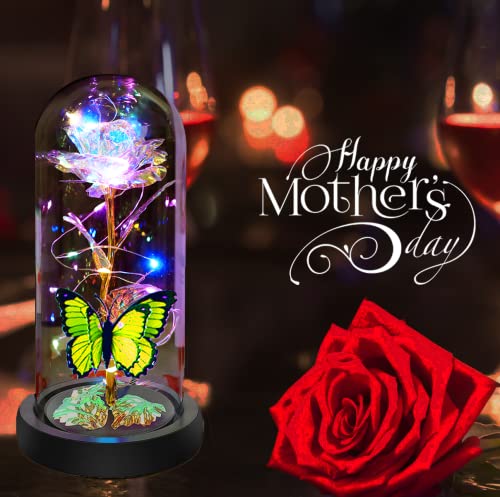 Fvawe Mothers Day Rose Flower Gifts for Mom, Birthday Gifts for Women, Galaxy Crystal Light Up Rose Flowers in A Glass Dome, Mother Day Presents Wife Grandma Sister Her Mom from Daughter Butterfly - color: A-gold