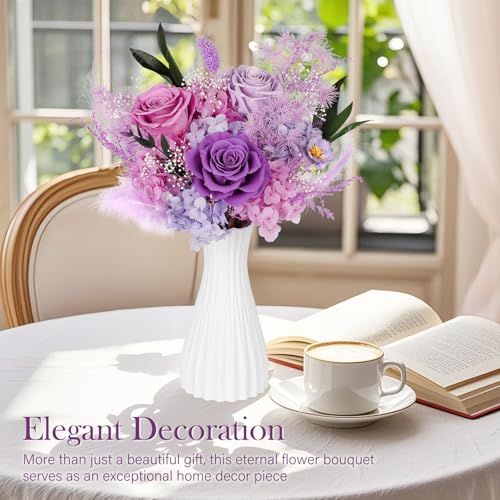 Preserved Bouquet of Flowers - 3 Roses & Flowers for Delivery, Long-Lasting Real Lavender Forever Flowers, Mothers Day Gifts for Mom Grandma Wife, Anniversary Birthday Gifts for Women - color: Purple