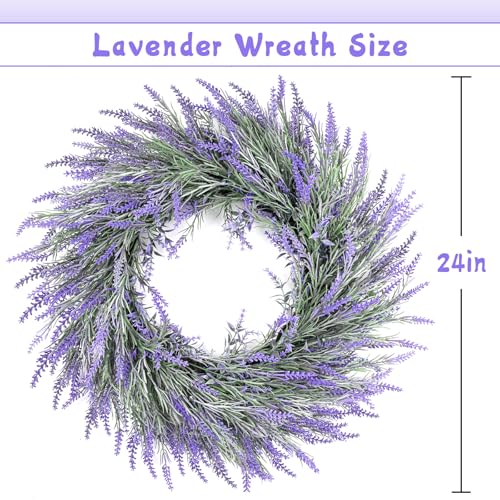 HUZIYAHAN Spring Summer Lavender Door Wreath 24Inch Front Door Wreath All Seasons Wreaths Purple Artificial Lavender Wreaths for Outdoor Outside Indoor Window Home Rustic Farmhouse Decorations - size: 24 inches