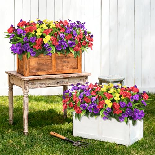 Hommyea Artificial Fake Flowers for Outdoor, 6 Bundles UV Resistant Faux Plants Decoration Silk Flowers No Fade Plastic Flowers for Outside Planters Home Porch Patio Yard Garden Decor - color: Purple Red Yellow