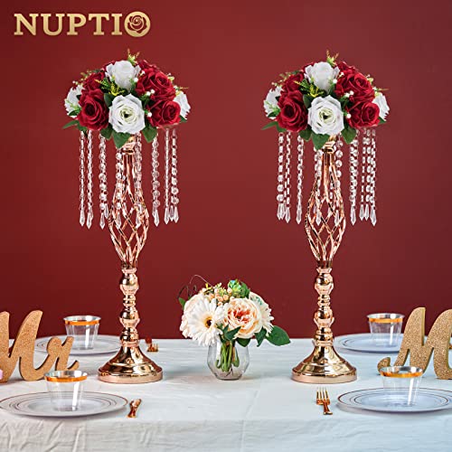 NUPTIO Artificial Flower Centrepieces for Tables: Crimson White Fake Roses | 2 Pcs 9.5 inch Floral Balls Arrangement for Wedding Birthday Party Anniversary Christmas Decorations - color: Crimson & White, size: 2 Pcs