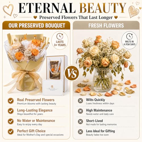 Preserved Real Flowers Bouquet, Preserved Eternal Roses Ready to Gift for Mother’s Day Birthday Gift for Mom Grandma Nana Wife Graduation Flowers for Her Class of 2026 (Sunset Champagne) - color: Sunset Champagne