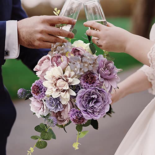 Kisflower Purple Artificial Flowers Combo Cake Flowers Decorations Fake Peony Silk Roses Gift Box for DIY Wedding Bridal Bouquet Centerpieces Arrangements Party Baby Shower Holiday Decor (Purple) - color: Purple