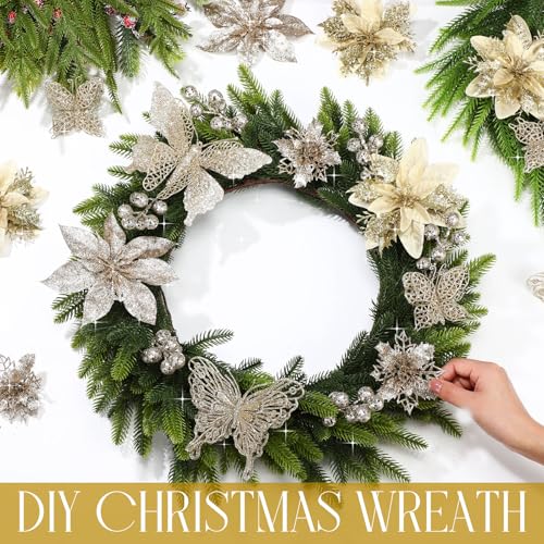 Thiccywoov 122 Pcs Christmas Glitter Poinsettia Artificial Flowers Berry Picks Butterfly Christmas Tree Ornaments 3 Styles Poinsettia kit with Clip for Xmas Wreath Home Tree Decor(Champagne) - color: Champagne