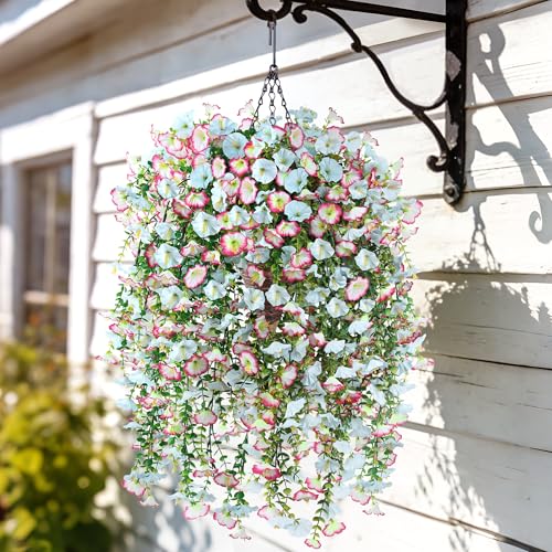 Artificial Hanging Flowers with Basket, 480 Blooms UV Resistant Faux Morning Glory Silk Plants, Fast & Easy Assembly Fake Hanging Baskets for Outdoor Porch Patio Garden Decor, Blue&White - color: Blue&white