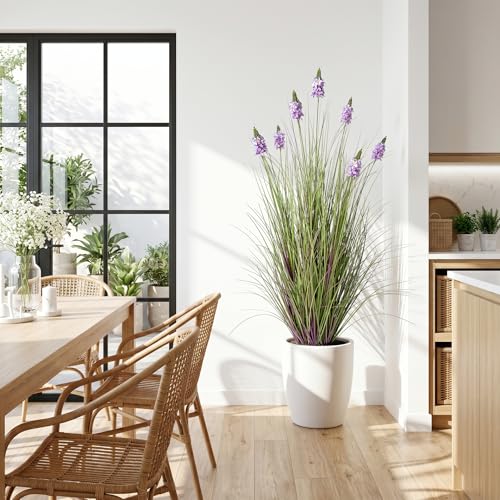 Fake Plants 47in - Artificial Grass with Hyacinth Flowers, 2PC Faux Plants with Pot for Indoor Outdoor,4FT Tall Grass Fake Greenery with Pot, Home Wedding Decor, Housewarming Gifts, Purple - color: 1.2m Purple2