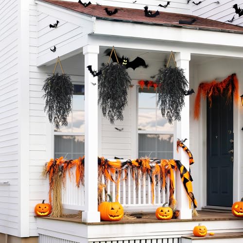 SJL Black Hanging Flowers Fake Hanging Plants Artificial Greenery Outdoor Flowers UV Resistant Fake Lavender Plant Plastic Flower Faux Vine for Garden Porch Gothic Halloween Decorations (Black) - color: Black Laven